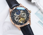 Longines skeleton watch with blue dial, rose-gold case, black leather strap