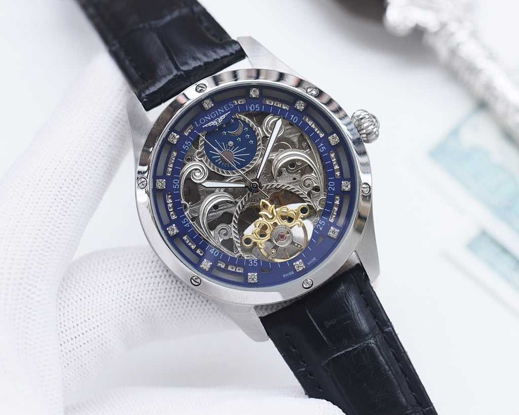 Longines skeleton watch with blue dial, silver-tone case, black leather strap