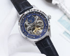Longines skeleton watch with blue dial, silver-tone case, black leather strap