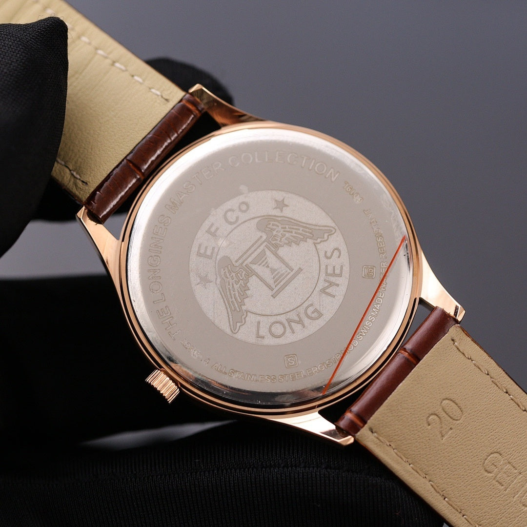 Longines watch case back with engraved emblem and brown leather strap