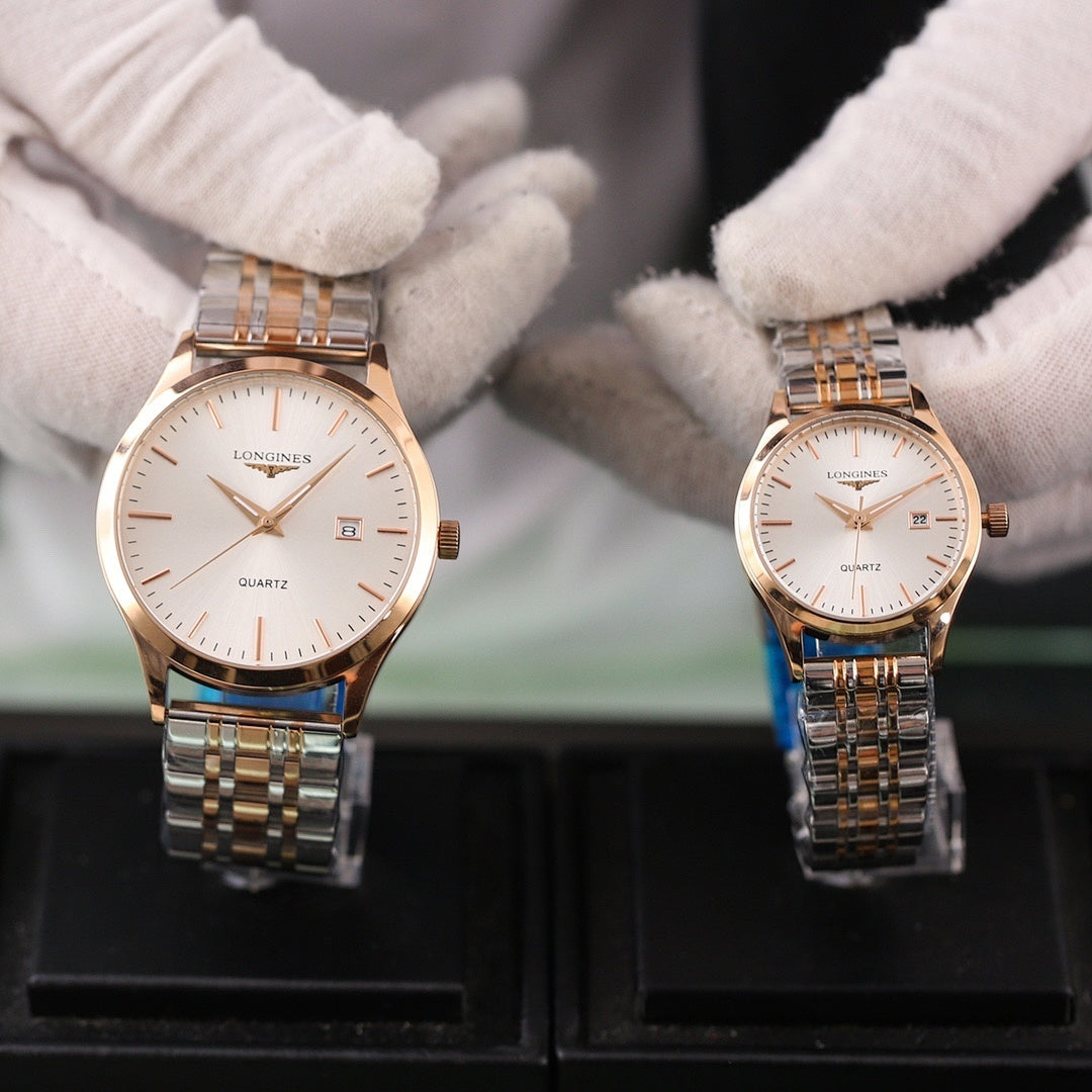 Longines quartz watch with rose-gold case and silver bracelet, white dial