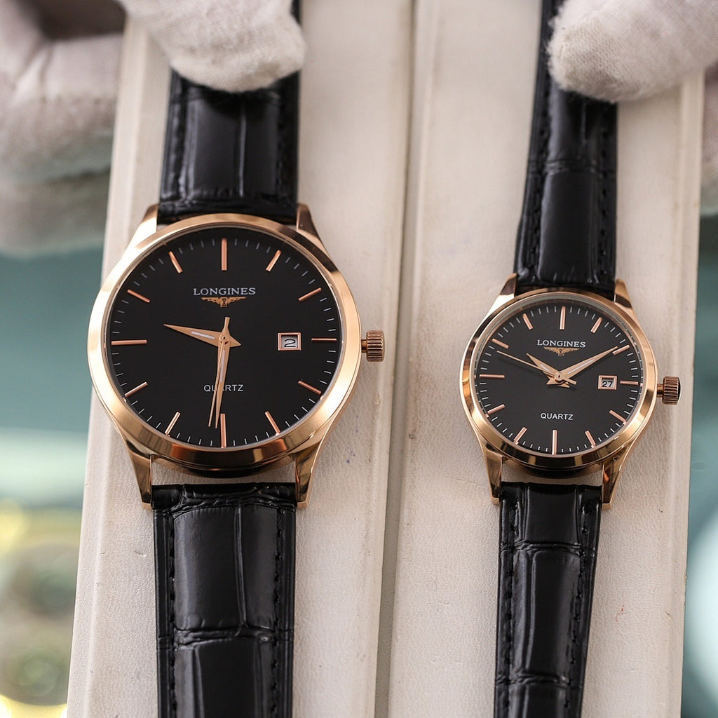 Quartz watch with black dial, gold-tone hands and black leather strap
