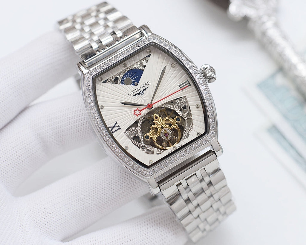 Silver-tone rectangular wristwatch with diamond bezel, skeleton dial and red second hand