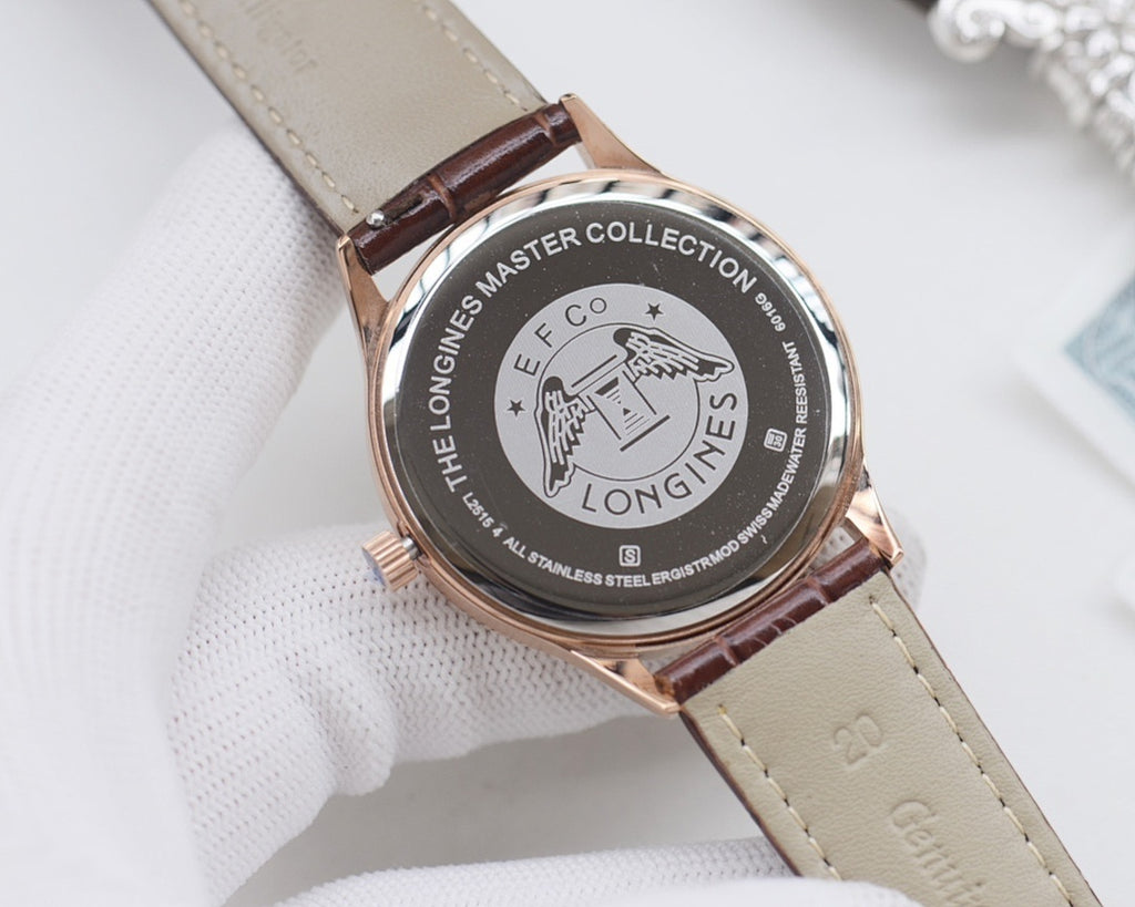 Longines watch case with engraved caseback and brown leather strap, rose gold style
