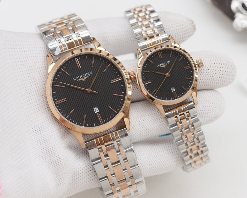 Rose gold Longines watches with dark dials and linked metal bracelets, two watches