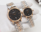 Rose gold Longines watches with dark dials and linked metal bracelets, two watches