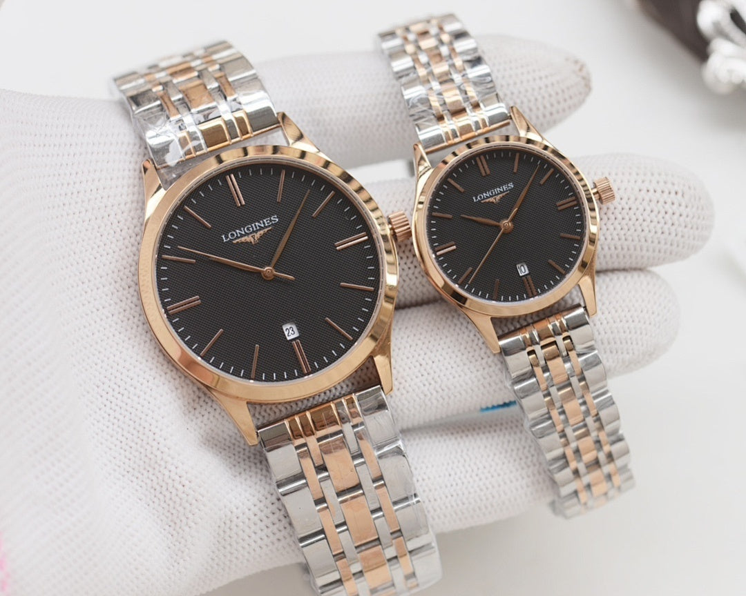Rose gold Longines watches with dark dials and linked metal bracelets, two watches