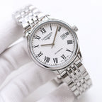 Longines automatic wristwatch with silver dial, Roman numerals, and date window