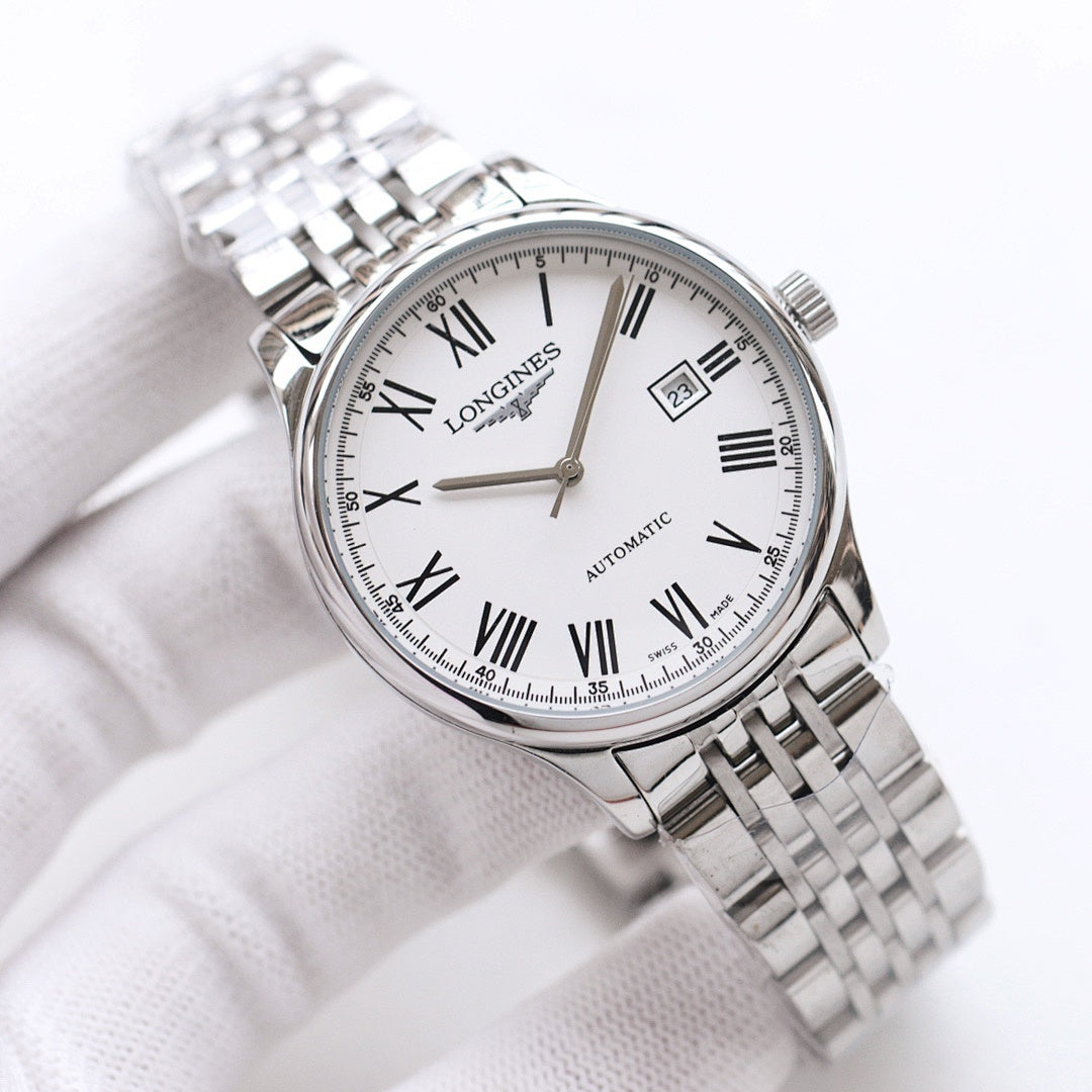 Longines automatic wristwatch with silver dial, Roman numerals, and date window
