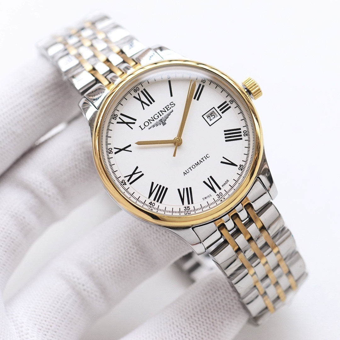 Longines two-tone automatic wristwatch with Roman numeral dial and metal bracelet
