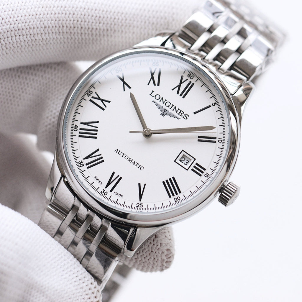 Longines automatic wristwatch with white dial, Roman numerals, and date window