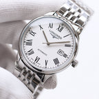 Longines automatic wristwatch with white dial, Roman numerals, and date window