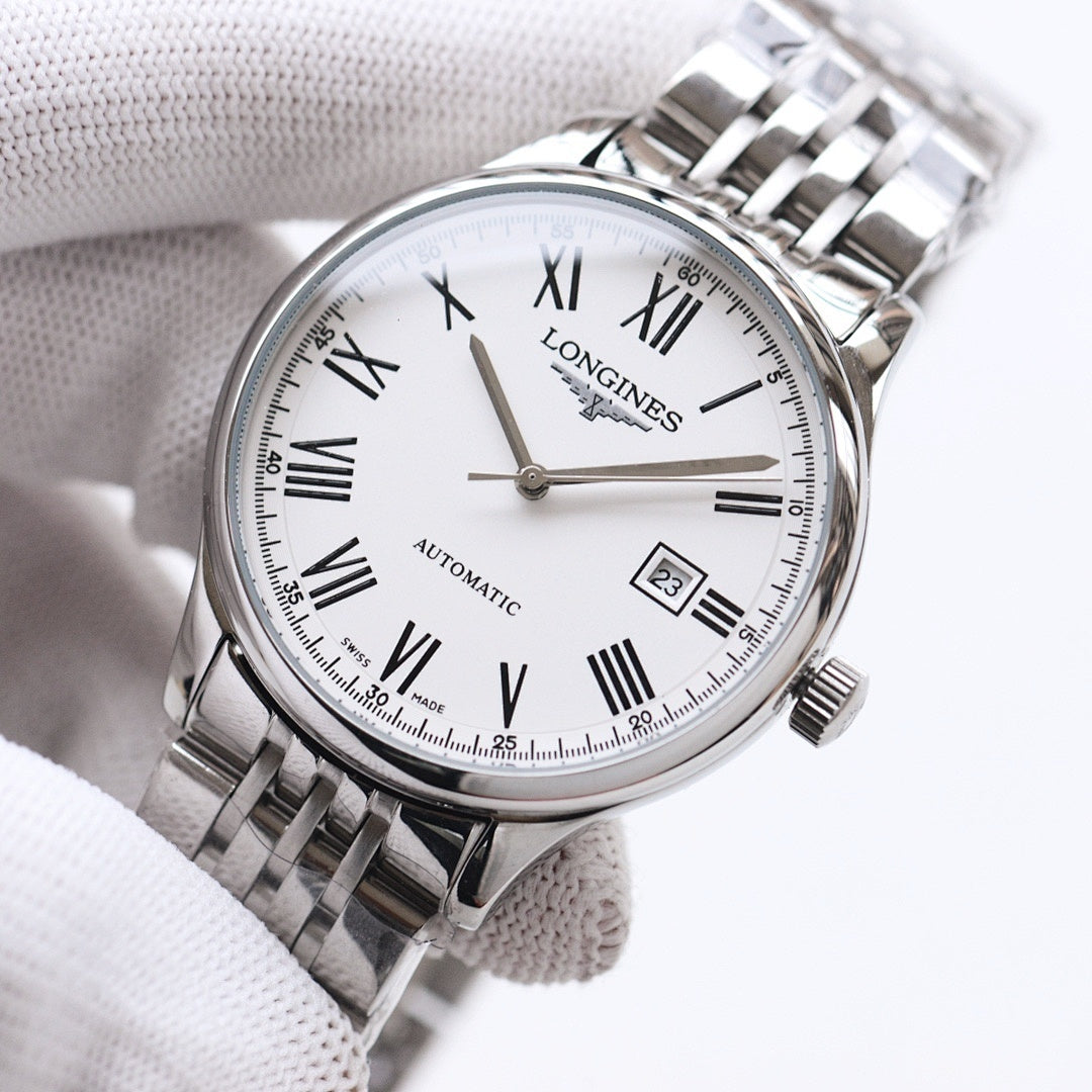 Longines automatic wristwatch with white dial, Roman numerals, and date window