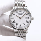 Longines automatic wristwatch with white dial, Roman numerals, and silver metal bracelet