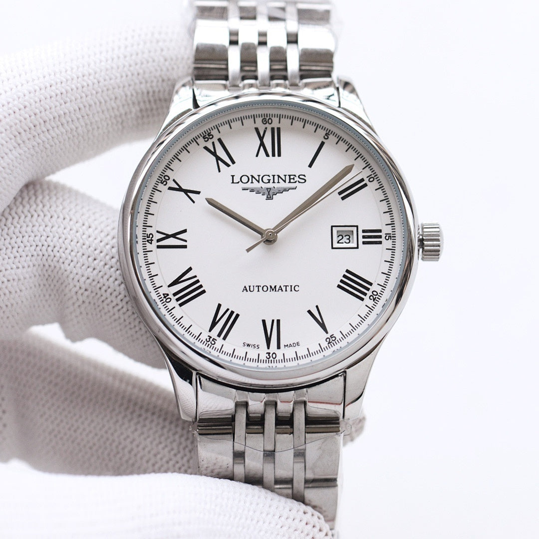 Longines automatic wristwatch with white dial, Roman numerals, and silver metal bracelet