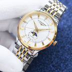 Longines watch with two-tone steel bracelet, gold bezel, and white dial moonphase