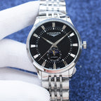 Longines watch with stainless steel bracelet, black dial, and moonphase subdial
