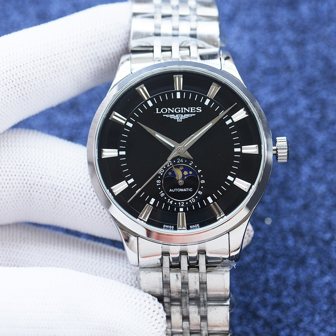 Longines watch with stainless steel bracelet, black dial, and moonphase subdial