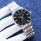 Longines watch with stainless steel bracelet, black dial, and gold-trim hands