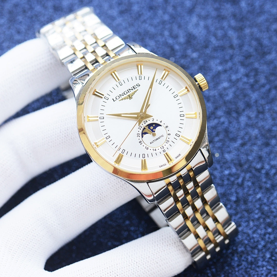 Longines watch with two-tone steel and gold bracelet, white dial, and gold hands