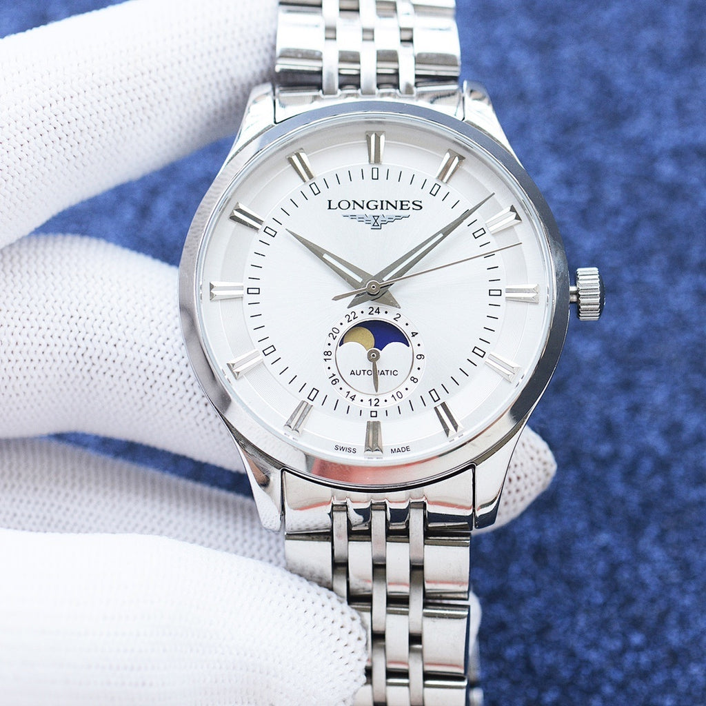 Longines watch with stainless steel bracelet, white dial, and moonphase subdial
