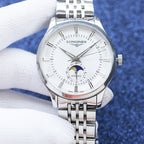 Longines watch with stainless steel bracelet, white dial, and moonphase subdial