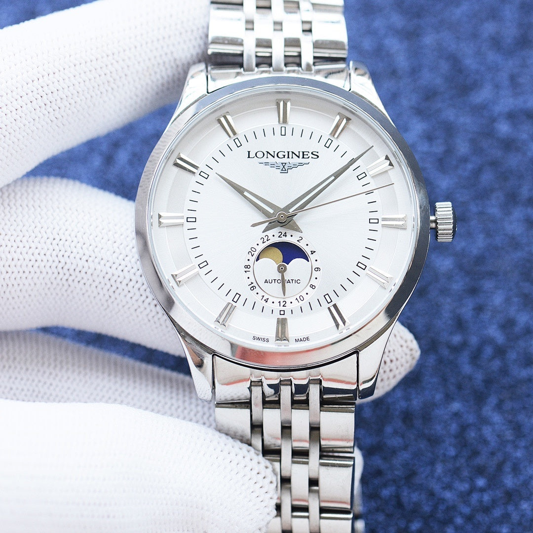 Longines watch with stainless steel bracelet, white dial, and moonphase subdial
