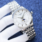 Longines watch with two-tone steel bracelet, white dial, and moonphase subdial