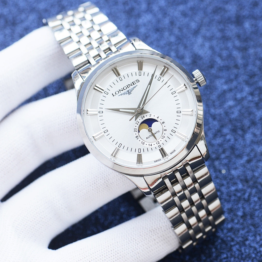 Longines watch with two-tone steel bracelet, white dial, and moonphase subdial