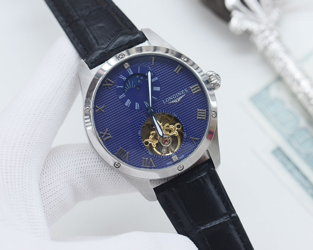 Longines wristwatch, blue dial, black leather strap, silver case, open-heart movement