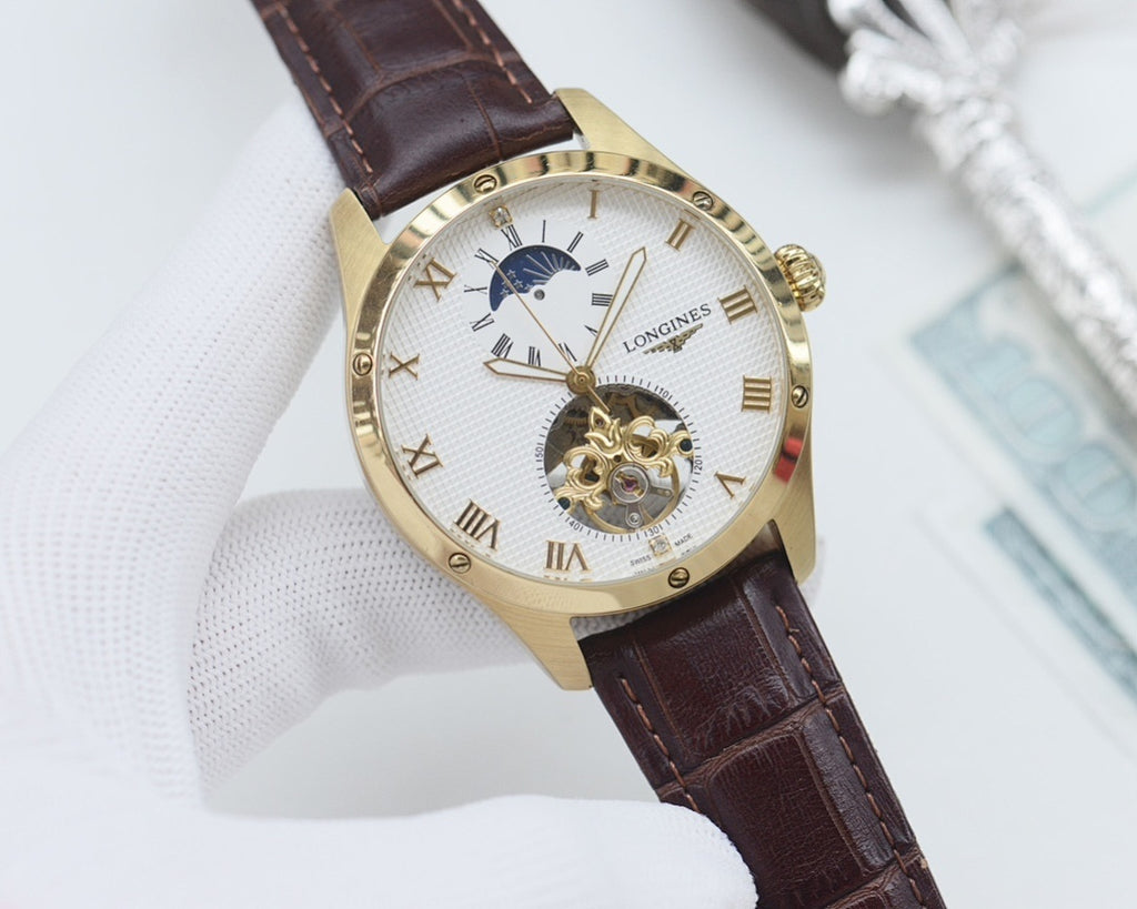 Longines timepiece, white dial with blue details, brown leather strap, open-heart movement
