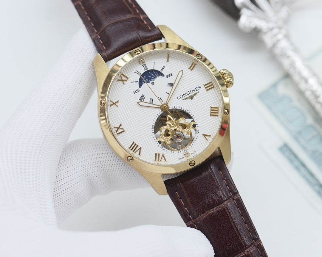 Longines timepiece, white dial with blue details, brown leather strap, open-heart movement