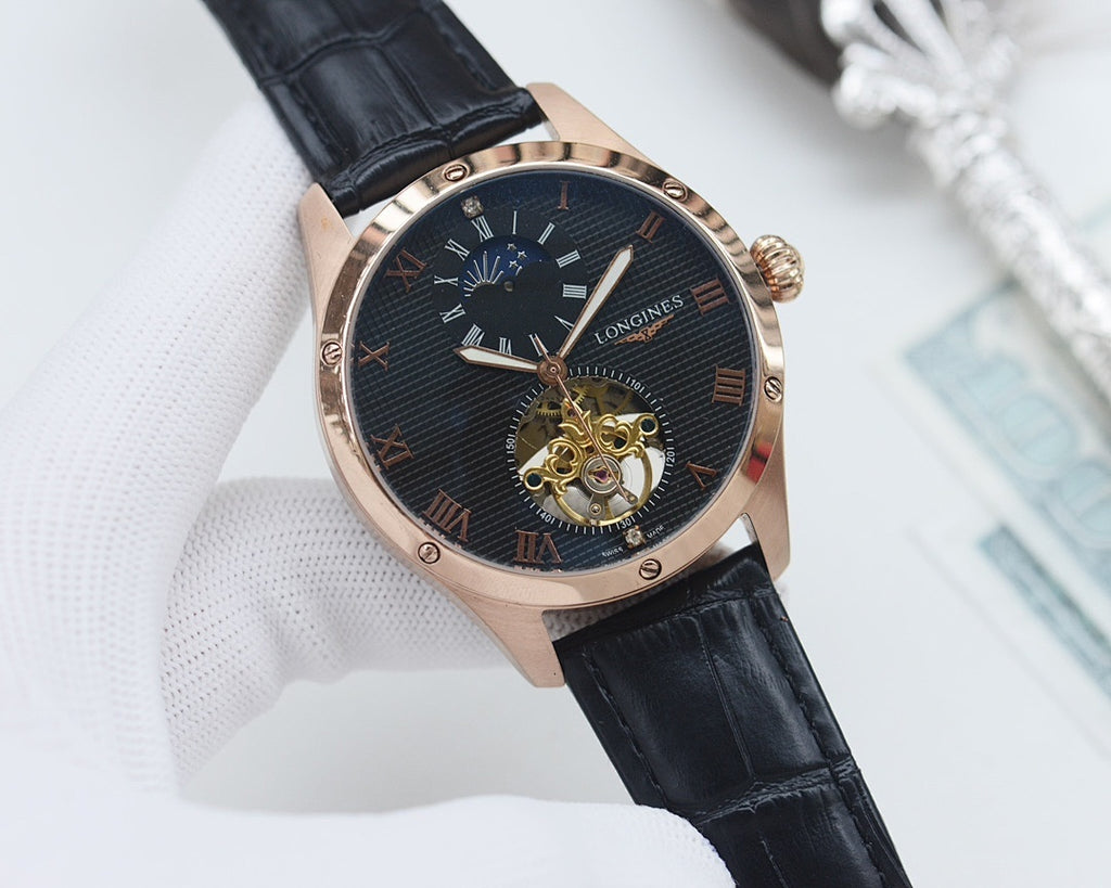 Longines wristwatch, dark dial with gold-toned accents, black leather strap, open-heart view
