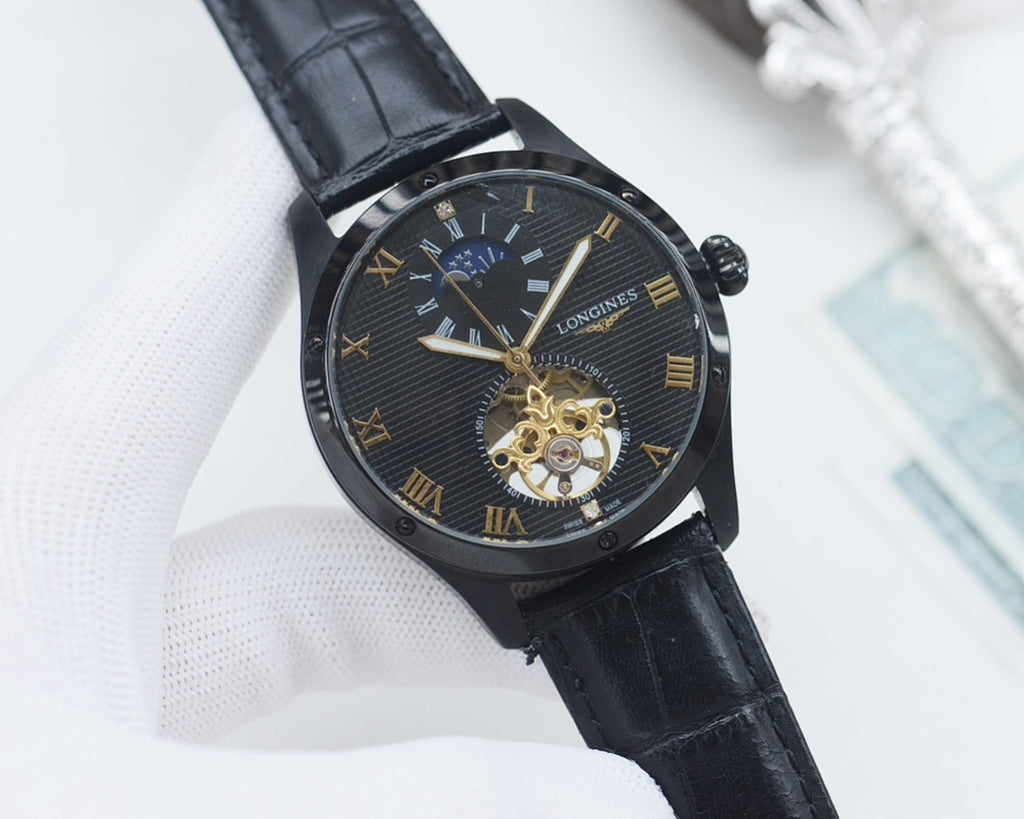Longines wristwatch, black dial with gold accents, black leather strap, open-heart movement