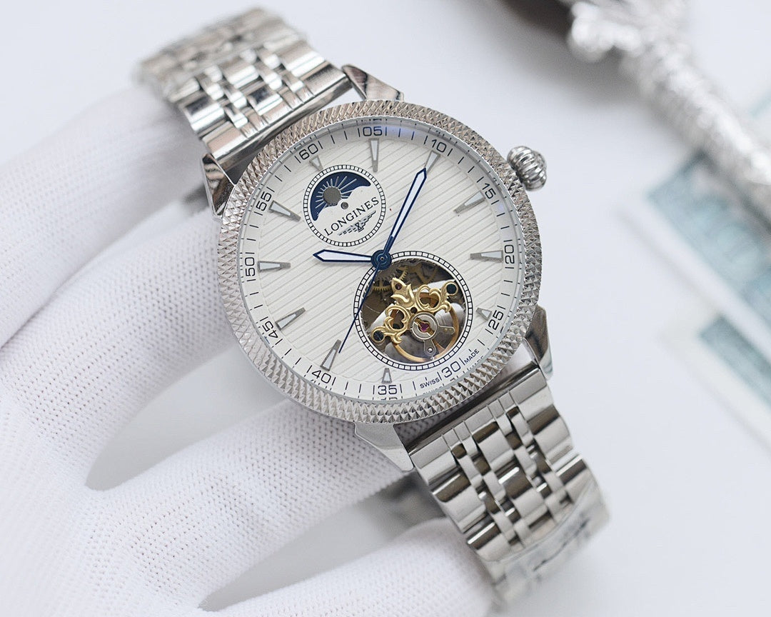 Silver-tone Longines wristwatch with white dial accents, dark subdial, metal bracelet
