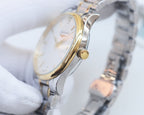 Two-tone stainless steel wristwatch crown side view with gold-tone detail