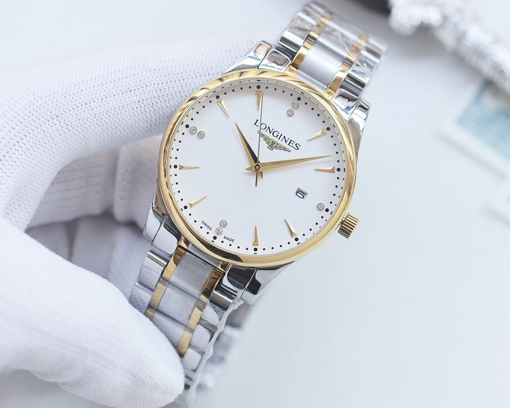Two-tone stainless steel wristwatch with white dial, gold indices, on white glove