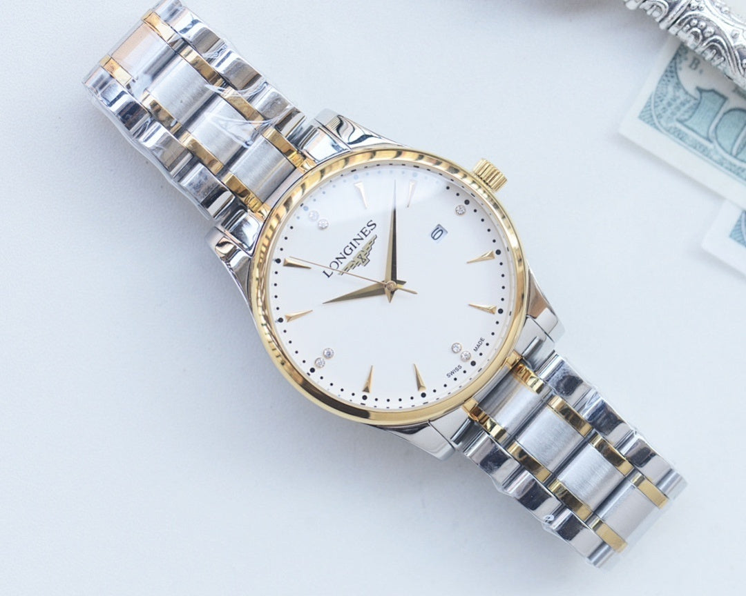 Two-tone stainless steel wristwatch with white dial and gold accents, three-hand
