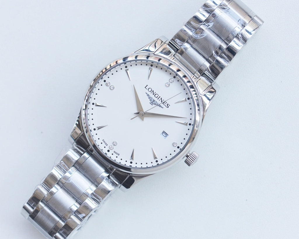 Two-tone stainless steel wristwatch with white dial and gold accents, full view