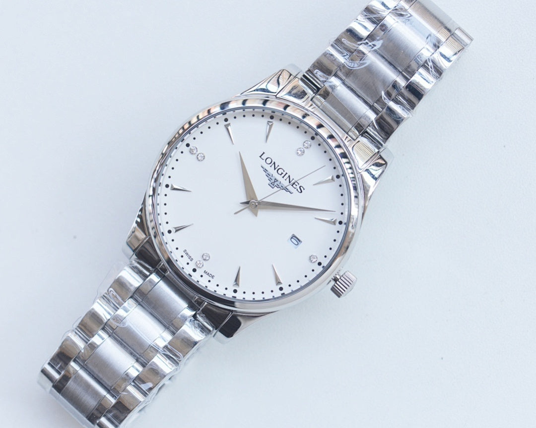 Two-tone stainless steel wristwatch with white dial and gold accents, full view