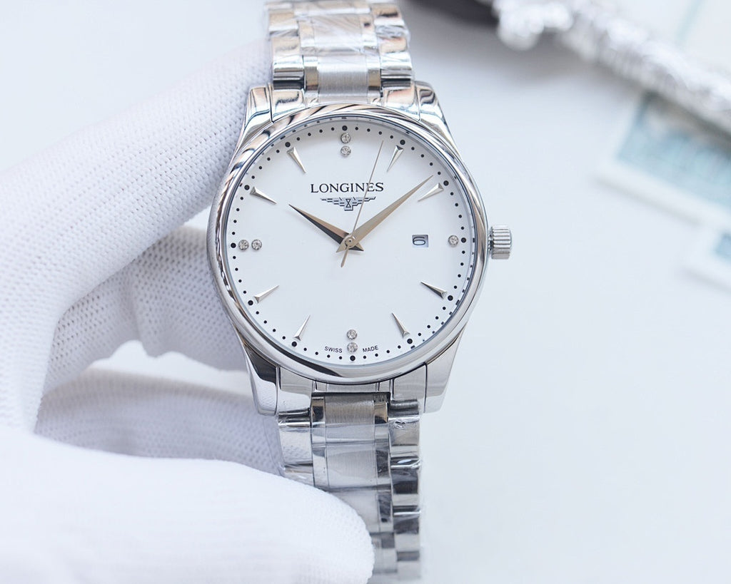 Two-tone stainless steel wristwatch with white dial and gold indices, held upright