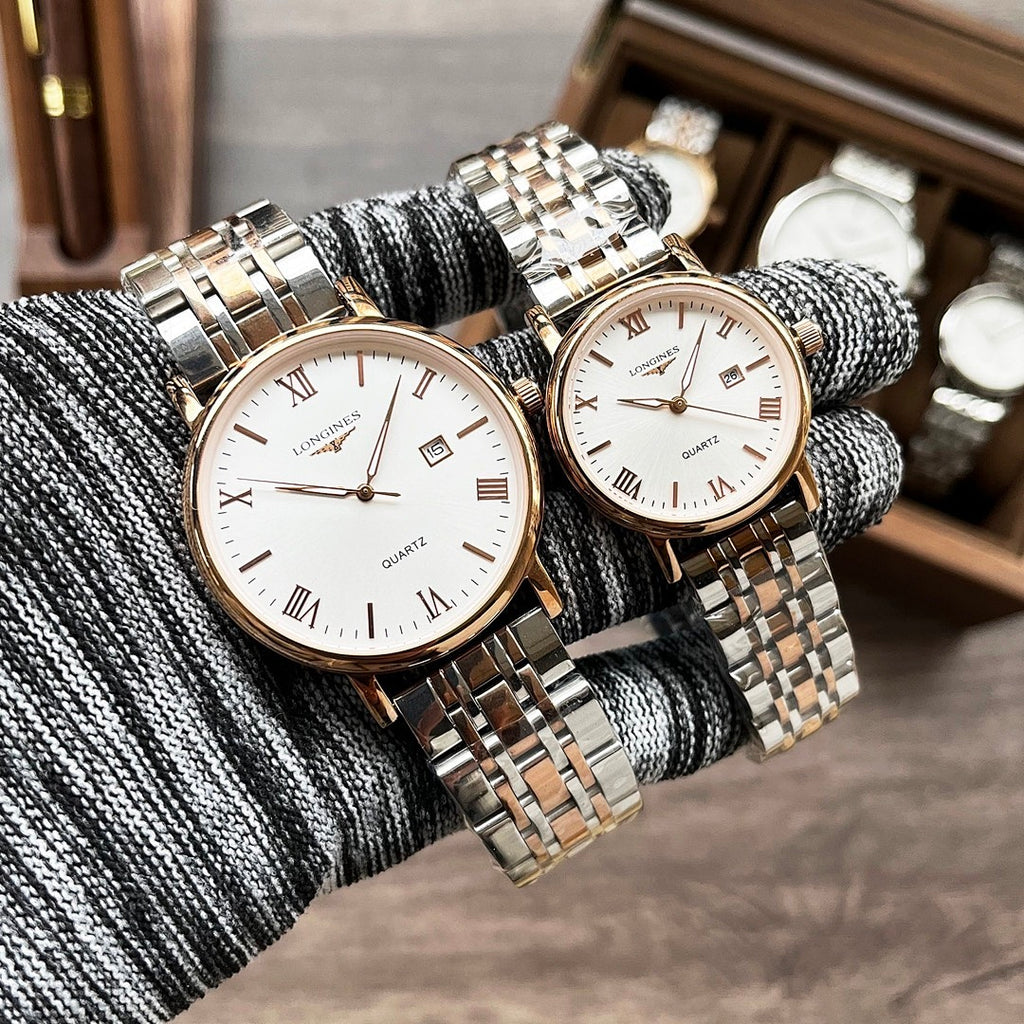 Longines wristwatch, gold-tone metal bracelet, white dial with Roman numerals