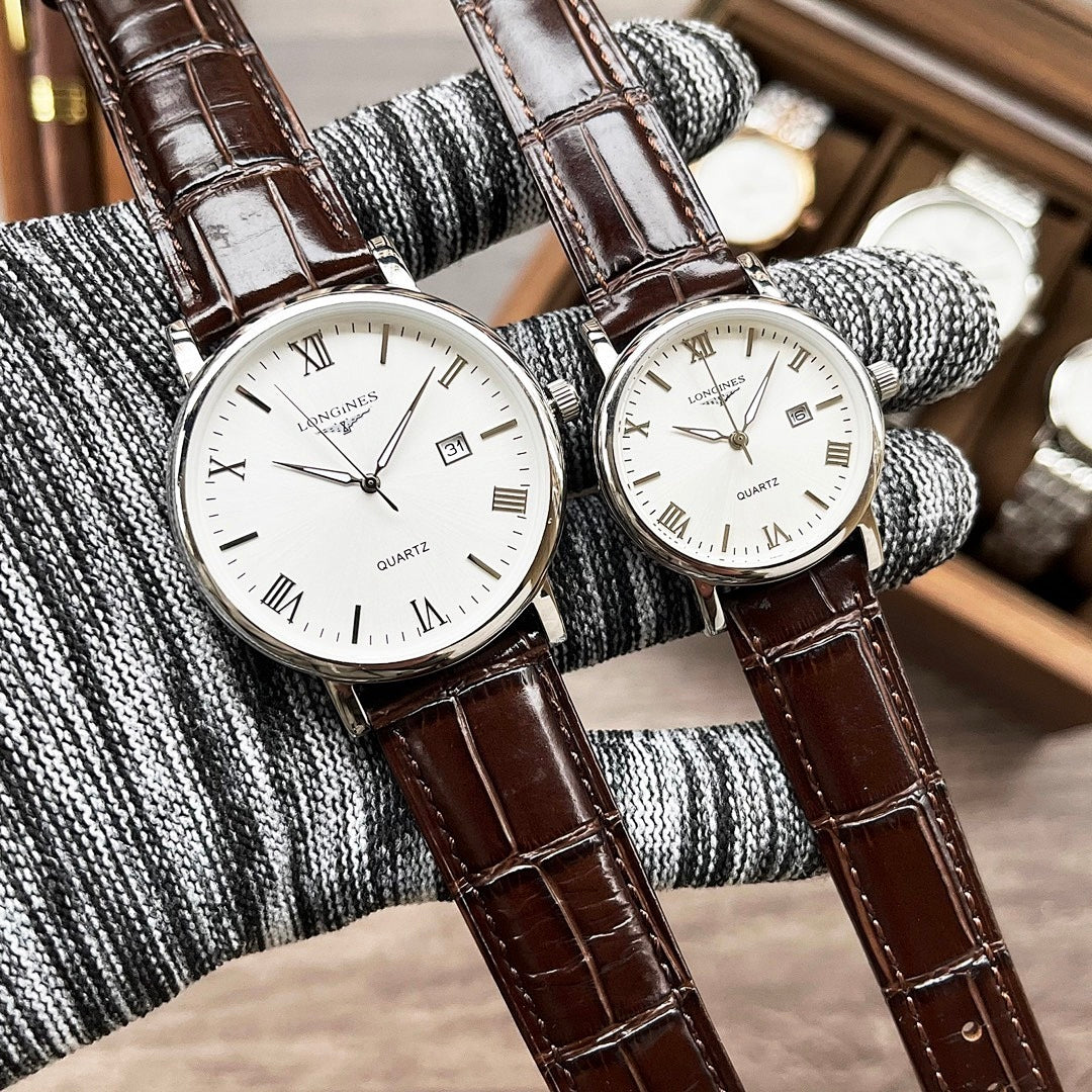 Longines wristwatch, brown leather strap, white dial with Roman numerals and date window