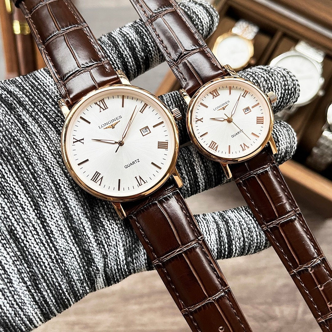 Longines wristwatch, brown leather strap, white dial with Roman numerals and date window