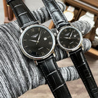 Longines wristwatch, black leather strap, black dial with Roman numerals