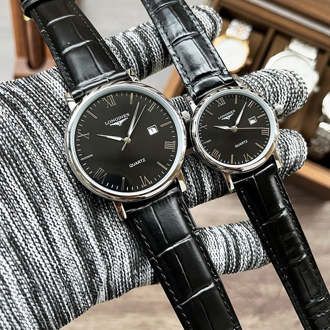Longines wristwatch, black leather strap, black dial with Roman numerals