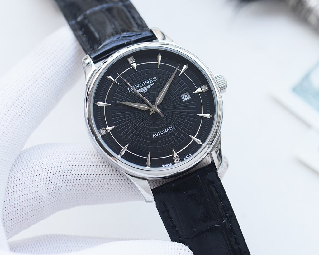 Longines automatic watch with silver-tone case, black dial, silver hands, dark leather strap