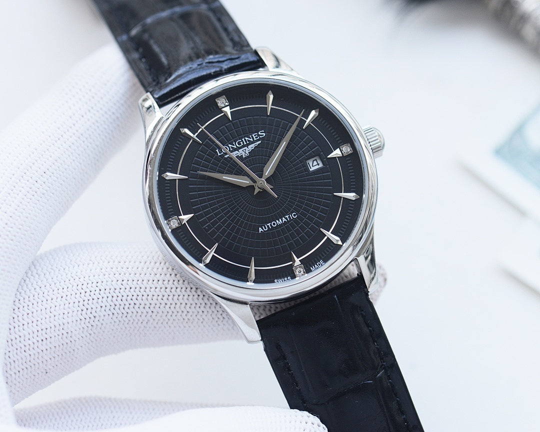 Longines automatic watch with silver-tone case, black dial, silver hands, dark leather strap