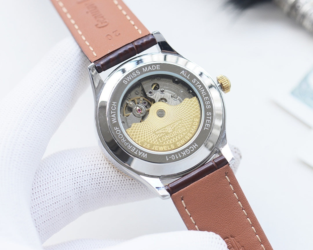 Longines automatic watch with silver-tone case and brown leather strap, see-through caseback