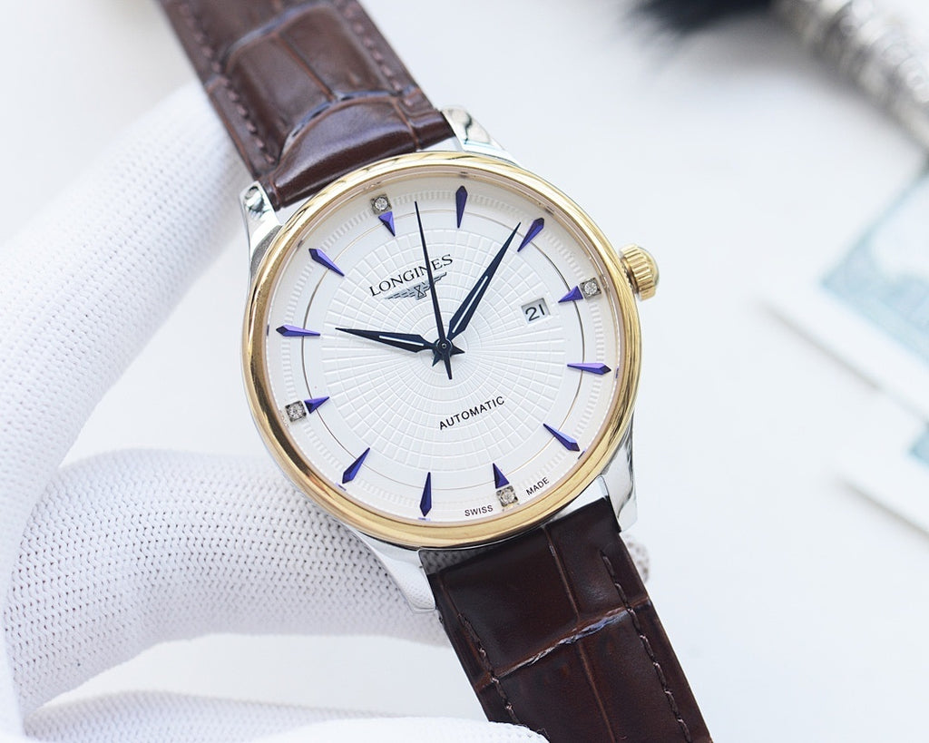 Longines automatic watch with gold-tone case, white dial, blue hands, brown leather strap